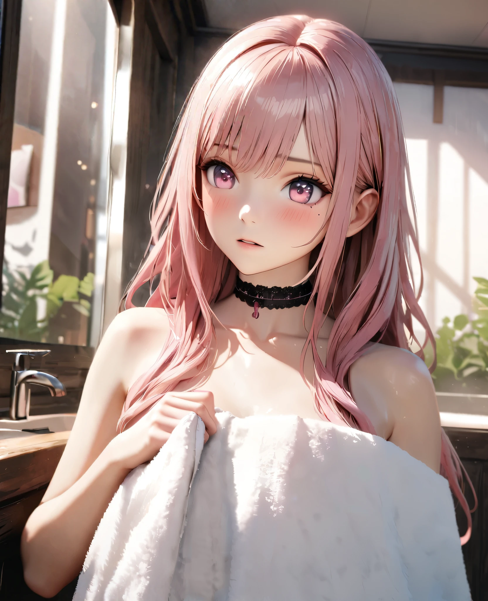 Masterpiece, Best Quality, Super Detailed, High Definition, Expensive Resolution, HDR, 4k, 8K, Unity 8k Wallpaper, Super Detailed CG, Masterpiece, Realistic, 2D, 3D, Beautiful Details, Depth, Fine Texture, Super Fine: 1.3, Full concentration, crispy skin, him, very cute anime girl, expensive pink long hair, one girl, after washing hair, bath towel, pink long hair, whole body, mole under the eye, line of sight, expensive, blush, parted lips , heart, pink eyes, choker