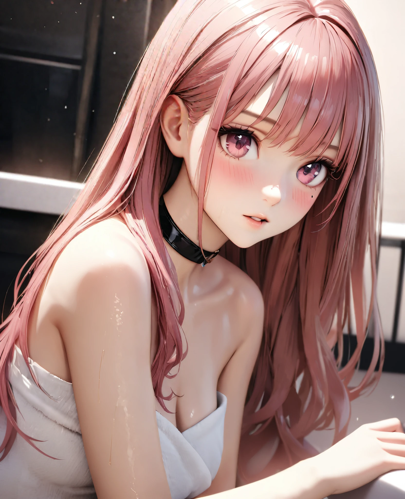 Masterpiece, Best Quality, Super Detailed, High Definition, Expensive Resolution, HDR, 4k, 8K, Unity 8k Wallpaper, Super Detailed CG, Masterpiece, Realistic, 2D, 3D, Beautiful Details, Depth, Fine Texture, Super Fine: 1.3, Full concentration, crispy skin, him, very cute anime girl, expensive pink long hair, one girl, after washing hair, bath towel, pink long hair, whole body, mole under the eye, line of sight, expensive, blush, parted lips , heart, pink eyes, choker