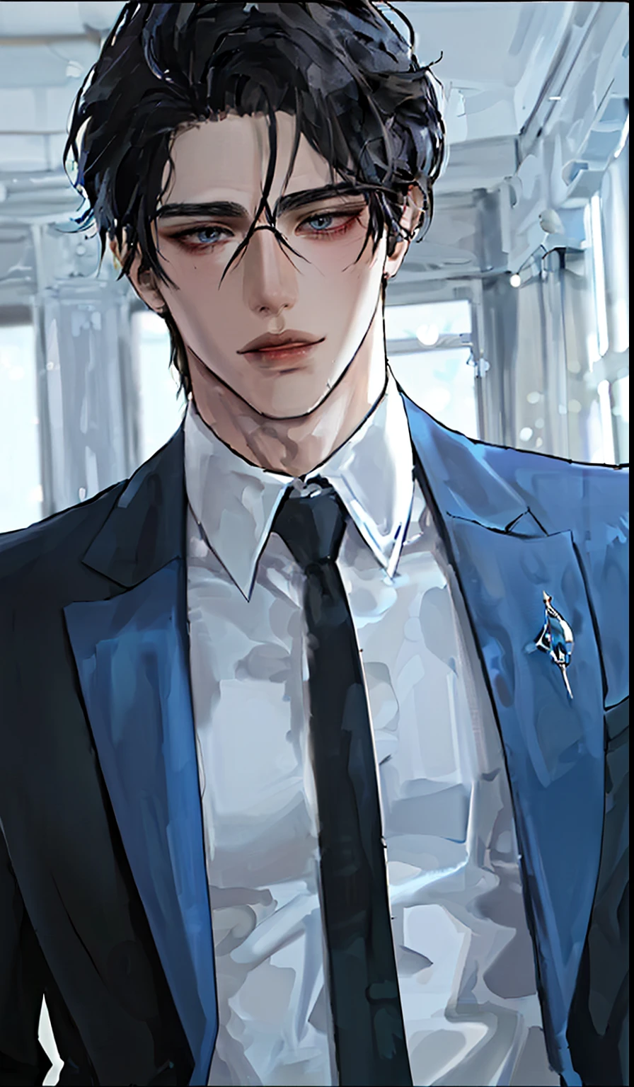 21 years old guy, handsome, very mature, black hair, blue eyes, cool, very tall, using suit, use glasses, rich, perfect face, detailed face, aesthetic, athletic body, sexy