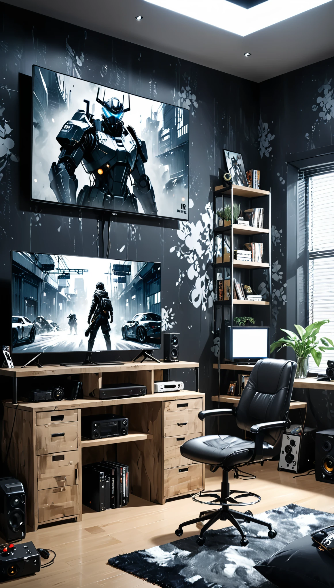 in style of Ashley Wood，1boy,role conception，anime background, gaming bedroom, television with large computer, ring lighting , rim lighting,(extremely detailed CG unity 8k wallpaper),