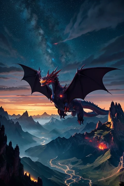Vast sky and mountains at dusk, stars beginning to shine, a gigantic dragon emerging from the mountains, majestic and awe-inspiring presence, the dragon's wings outstretched, shadow cast over the landscape, sense of power and grandeur