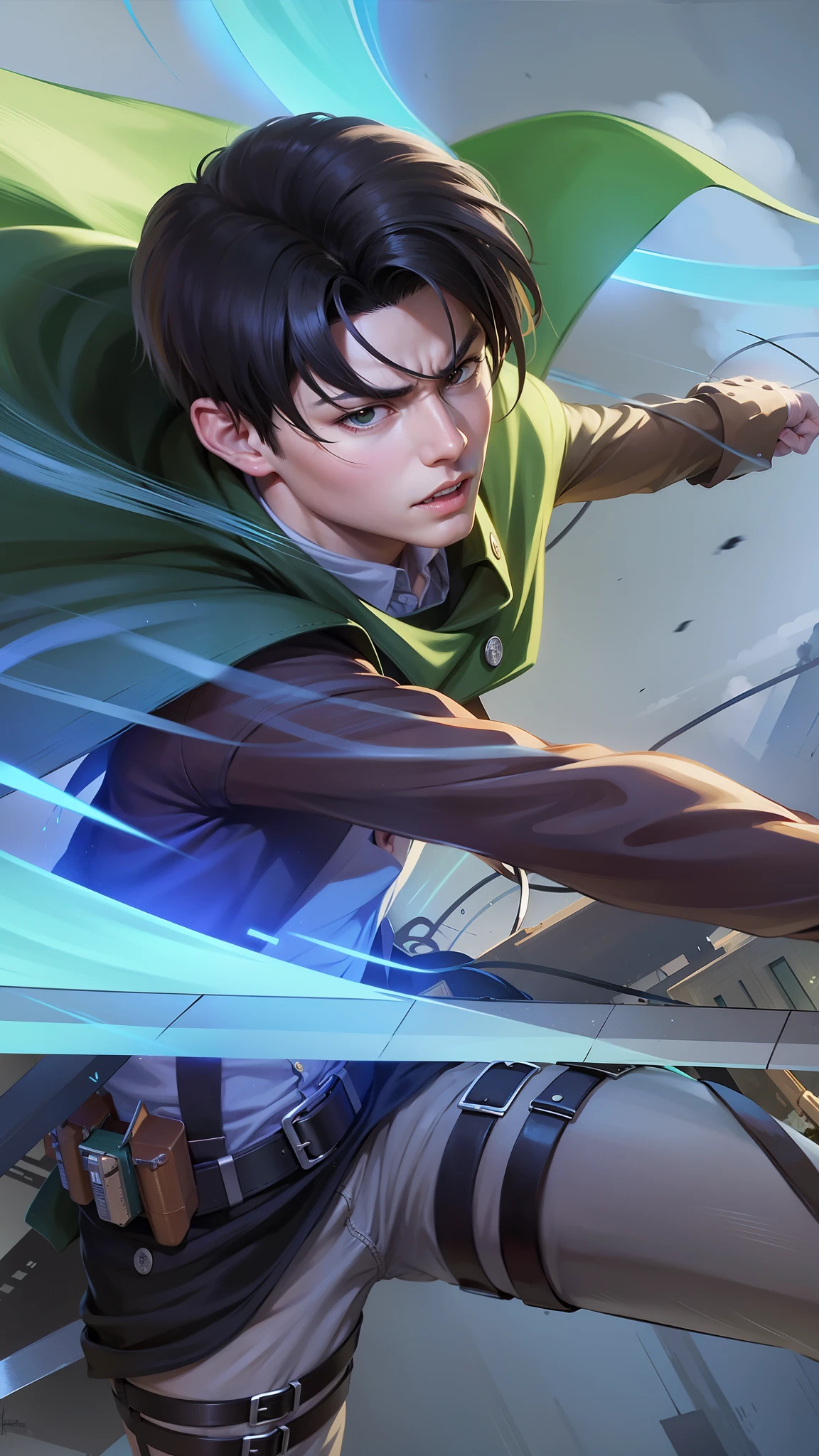 Levi Ackerman Character from Anime Attack On Titan, Realistic Anime style, Handsome boy, cool boy, serious face, Attack on titan uniform, green cloak, Black short hair, Background of destroyed buildings, angry.
