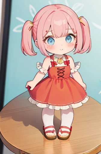 (table top), (highest quality), (Super detailed), (whole body: 1.2), 1 girl, short hair, twin tails, cross earrings, hair covering left eye, blue eyes, holding box of chocolates, red sundress, blushing, bare shoulders, yellow sandals