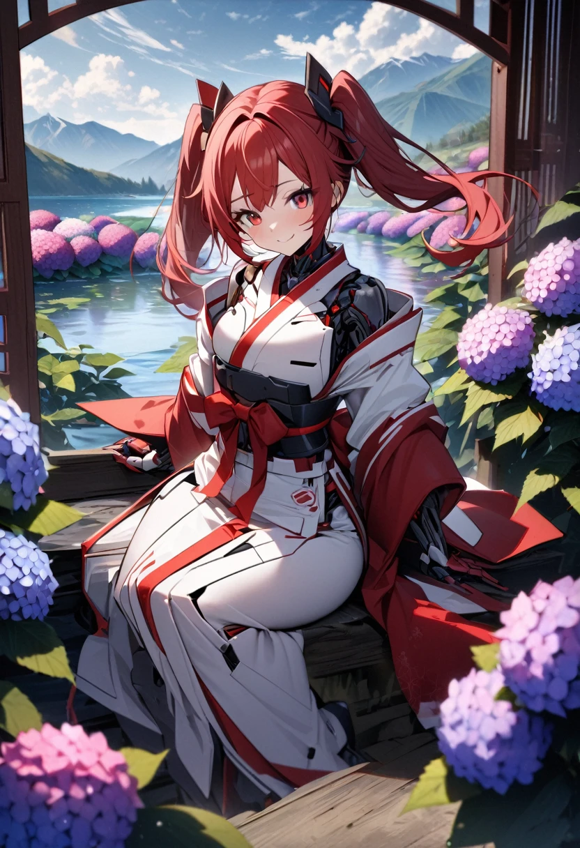 High quality, high definition, hig
h precision images,8k 1 girl、red hair,Twin tails,Red eyes.(robot style red and white barrette)、cyborg style gorgeous red and white Japanese kimono,Many hydrangeas in the background, a lake and mountains in the distance smile