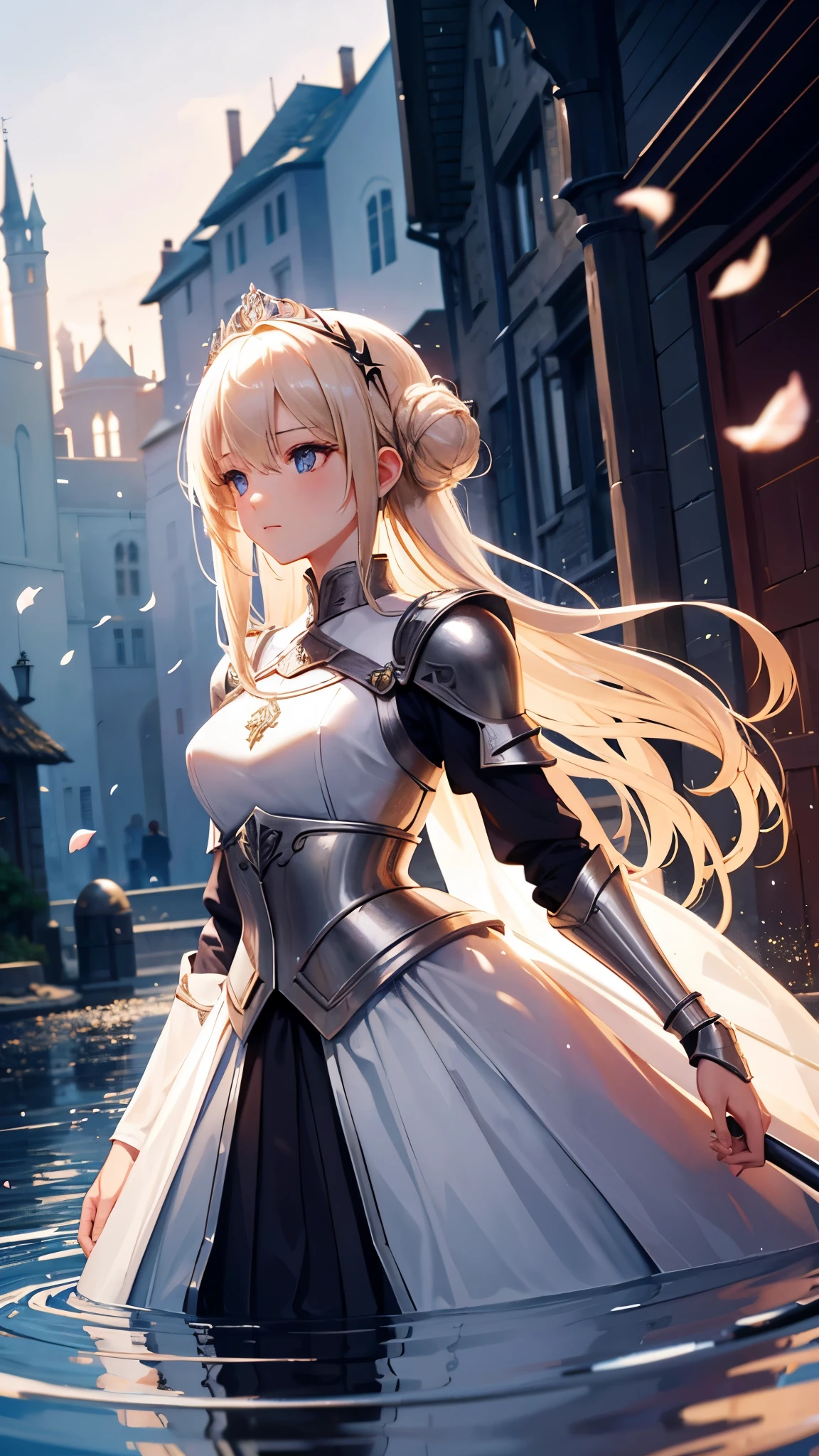 Medieval town, １People Girls, Princess Knight, Long sword, Silver armor, Food, Asahi, Rose petals flutter, blonde hair, hair behind ear, Art Deco, depth of field, reflection light, drop shadow, UHD, best quality, highres, 4K, high details