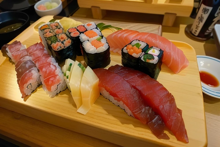 there are many sushi on a wooden board with a sauce, sushi, eating sushi, japanese fusion cuisine, by Josetsu, momoshiki ōtsutsuki, like that, ukiyo, iwakura, yoshiku, who are you, on a wooden tray, hajime katoki, On a wooden plate, by Shiba Kōkan
