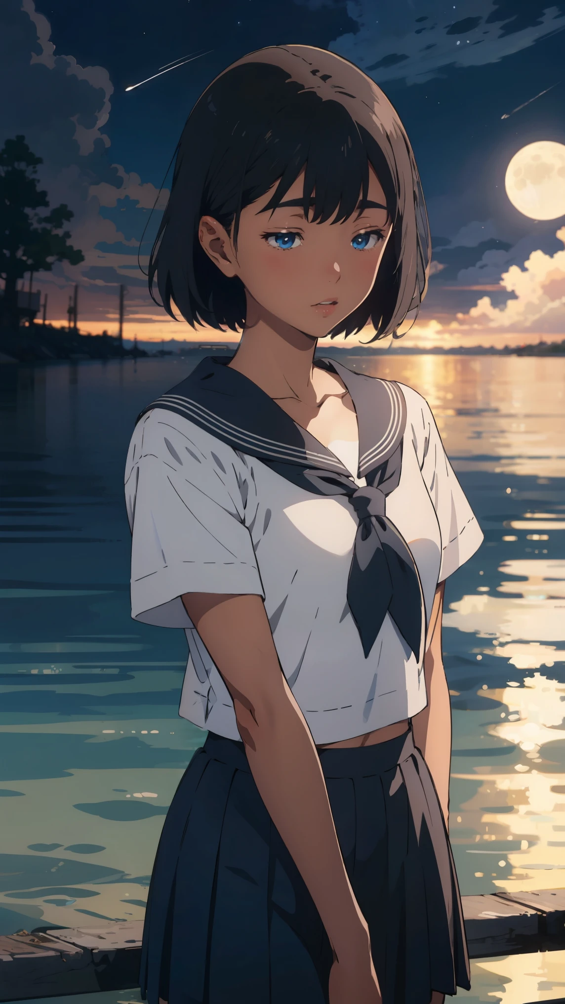 {{kofune mio}}, {summertime render}, blue eyes, black short hair, Calm expression,A faint blush, medium breasts, dark skin, dark-skinned female, white serafuku, short sleeves, black neckerchief, white sailor collar black pleated skirt,1girl, solo,very aesthetic, best quality, amazing quality, ,curated, illustration, highly detailed, anime coloring,Night sea background
BREAK
Golden Hour, (Rim Light):1.2, Warm tones, Solar flare, Soft Shadows, Vibrant colors, Painterly effect, Dream-like atmosphere 
BREAK
Beautiful sea, Calm water, reflection, Clouds illuminated by the moon, Peaceful atmosphere, Beautiful starry sky, Super detailed, Official Art, unity 8k wallpaper , Tangled, Mandala