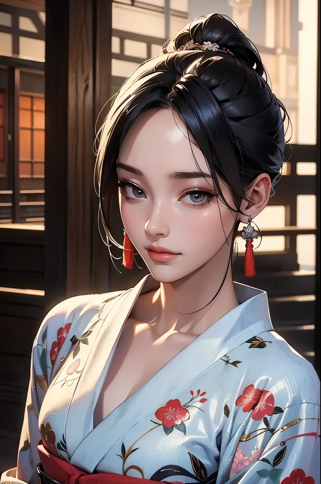 ((highest quality)), ((masterpiece)), (be familiar with), perfect face,fine skin,Beauty,fantasy,Japan,Beauty in the background of the ancient city,kimono,Octane render