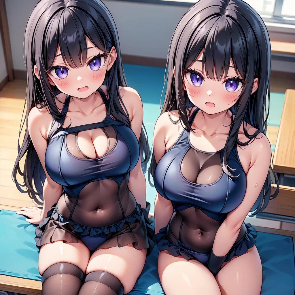 (cute eyes:1.2), (sparkling eyes:1.2), (8K、Best image quality、highest quality、masterpiece)、Detailed face、(2 girls)、Improve、(Black Hair, Purple Eyes, long hair)、(open mouth), (embarrassed), (skinny body:1.3),(huge breasts), (one piece swimsuit:1.2),(see-through:1.3), (cleavage), (crop top navel), Sit on a chair, Classroom Background, (black stockings:1.1), (Thighs:1.1), (Waistline:1.1),(close-up shot of bust), (from above:1.2)
