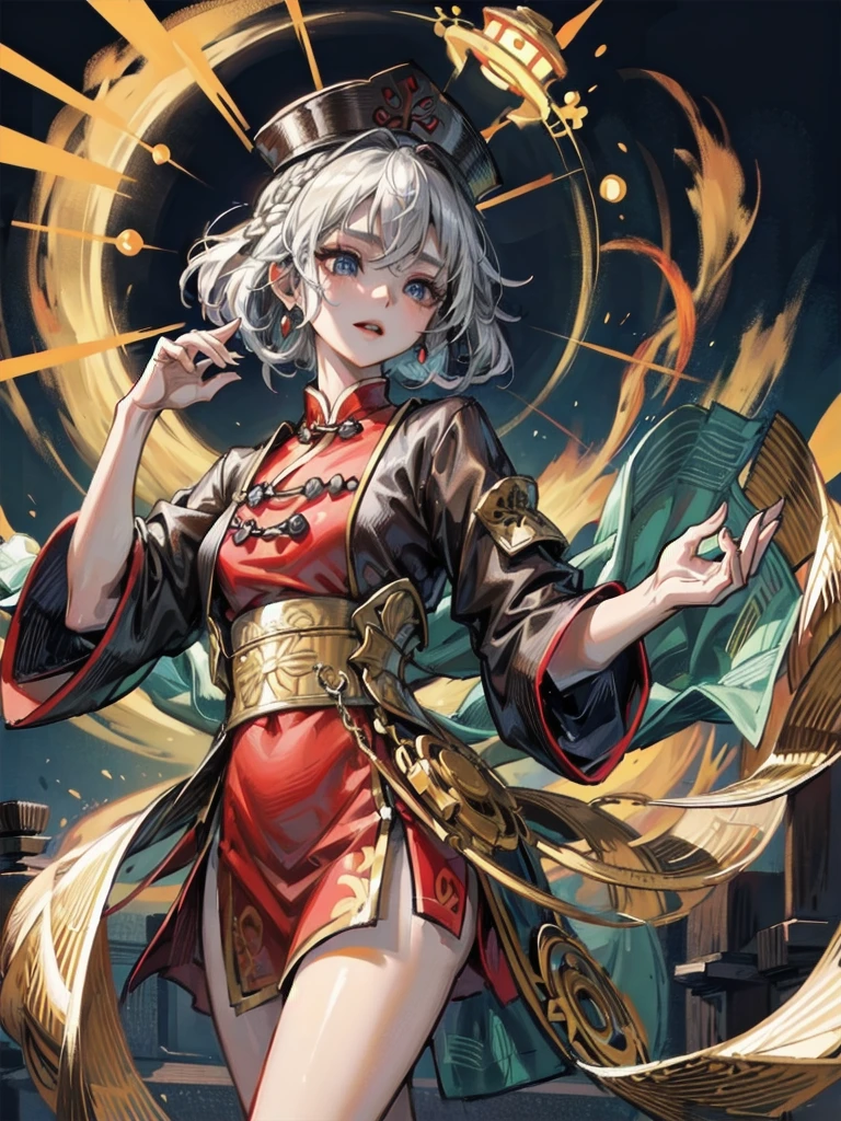cemetery, dress, braid, chinese clothes, headwear, ofuda, jiangshi, qing guanmao, absurdres, RAW photo, extremely delicate and beautiful, masterpiece, Best Quality, ultra high resolution, 32k, hyperrealistic, ultra-detailed, detailed description, pale skin, 20 years old, tearful mole, earring, Colossal tits, short medium hair, wavy hair, whole body shot,