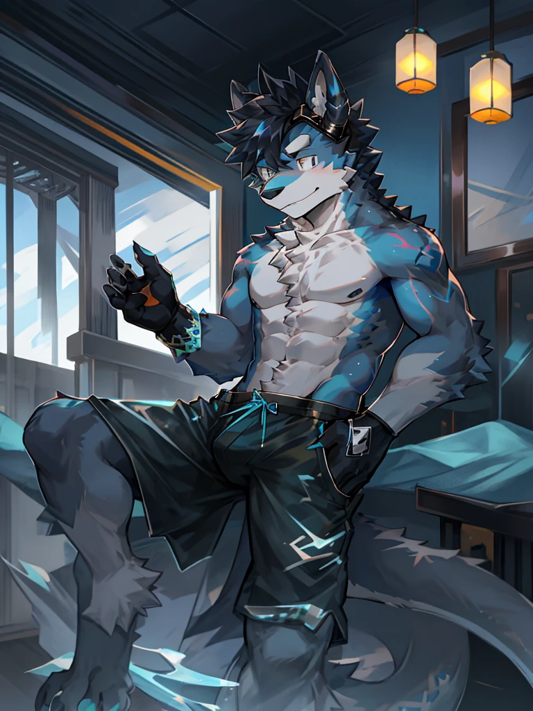 Chinese dragon boy,Gray fur,Topless, mammal, hairy,Gray Eyes,upscale hotel,Blue and black gradient swimming trunks quality,black fingerless gloves,goggles