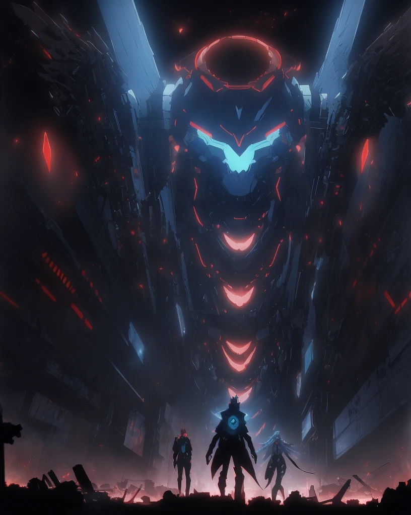 A giant mecha angel from neon genesis evangelion in the middle of a ruined city, fractal-like, dark mood, atmospheris, horror, The ultra -The high-definition、8K UHD、masterpiece
