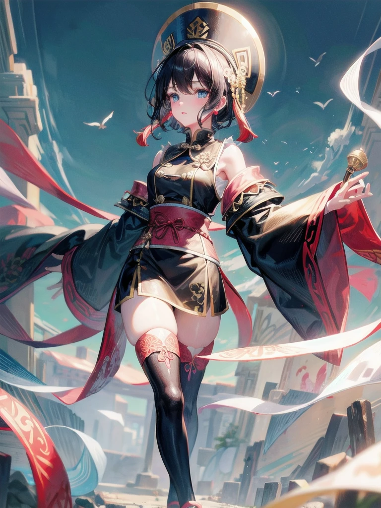 cemetery, dress, braid, chinese clothes, headwear, ofuda, jiangshi, qing guanmao, absurdres, RAW photo, extremely delicate and beautiful, masterpiece, Best Quality, ultra high resolution, 32k, hyperrealistic, ultra-detailed, detailed description, pale skin, 20 years old, tearful mole, earring, Colossal tits, short medium hair, wavy hair, whole body shot,
