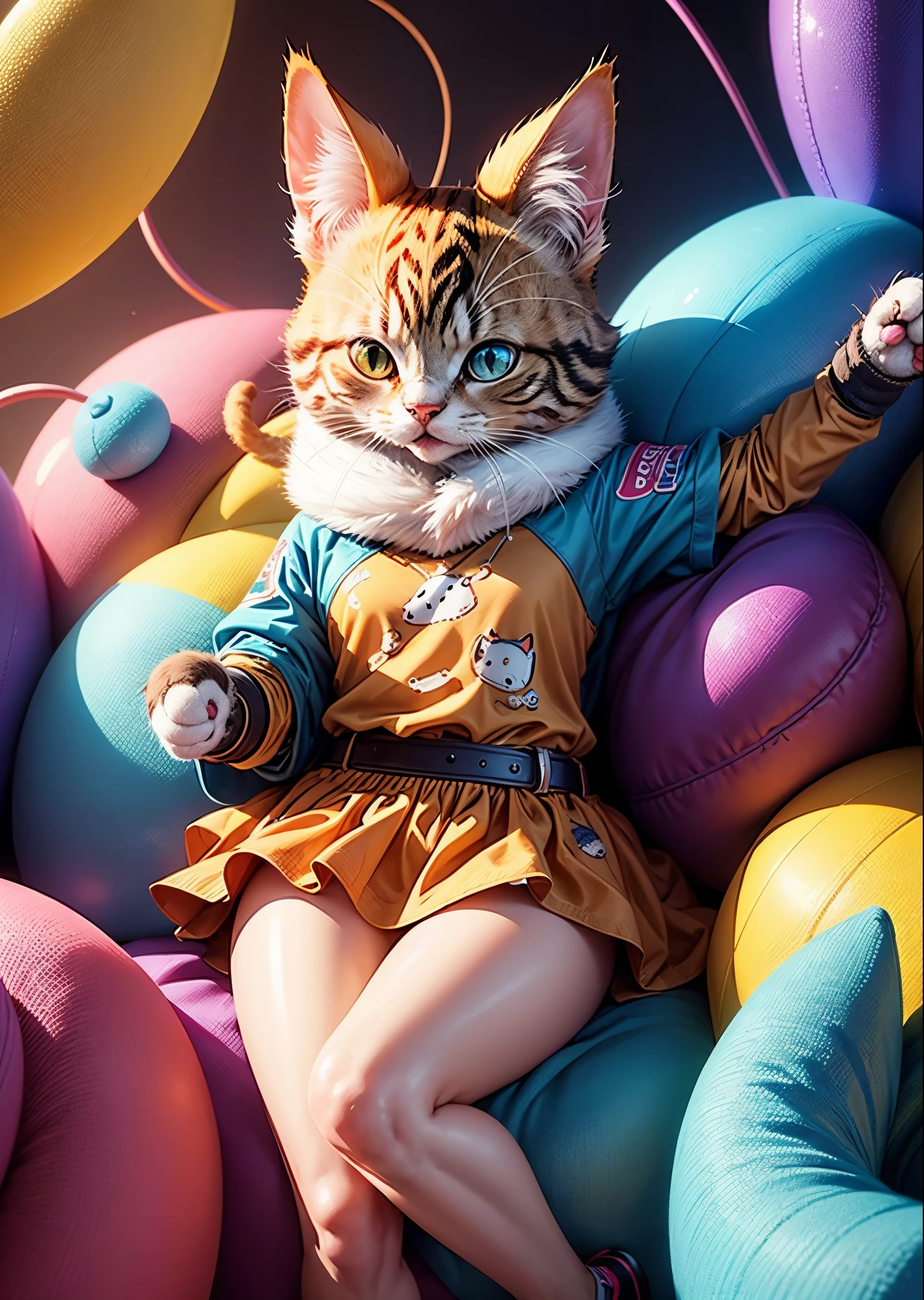 Cat、Pop and catchy illustrations、Colorful and fun atmosphere、2D、3D、8k, Super Detail, Accurate, highest quality、Sharp images、High color reproducibility、Attention to detail