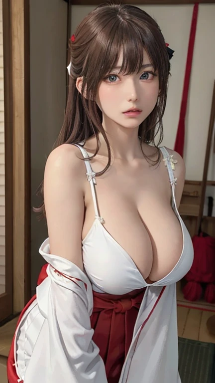 ((masterpiece)), ((highest quality)), (Very detailedな), ((Very detailed)), 4K, (8k), highest quality, (Brown Hair),(Long Hair),(White shrine maiden outfit、Red Hakama:1.3), beautiful, ((beautiful eyes)), (Large Breasts:1.6), (Cleavage:1.6),Get angry,(indoor、dojo:1.2),(:1.4)、