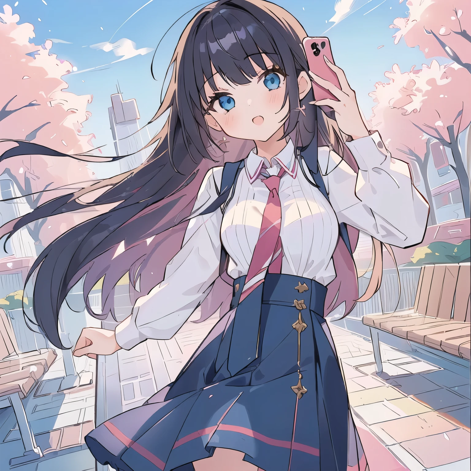 (((Girl with a smartphone))), Long Hair Anime Girl and a tie holding a cell phone, Smooth anime CG art, Beautiful anime school girl, Girls' Frontline style, Anime Moe Art Style, Fine details. Girls' Frontline, Marin Kitagawa Fanart, Kantai Collection Style, Cute anime waifu in a nice dress, Long Hair Anime Girl, from Girls' Frontline, Cute girl anime visuals