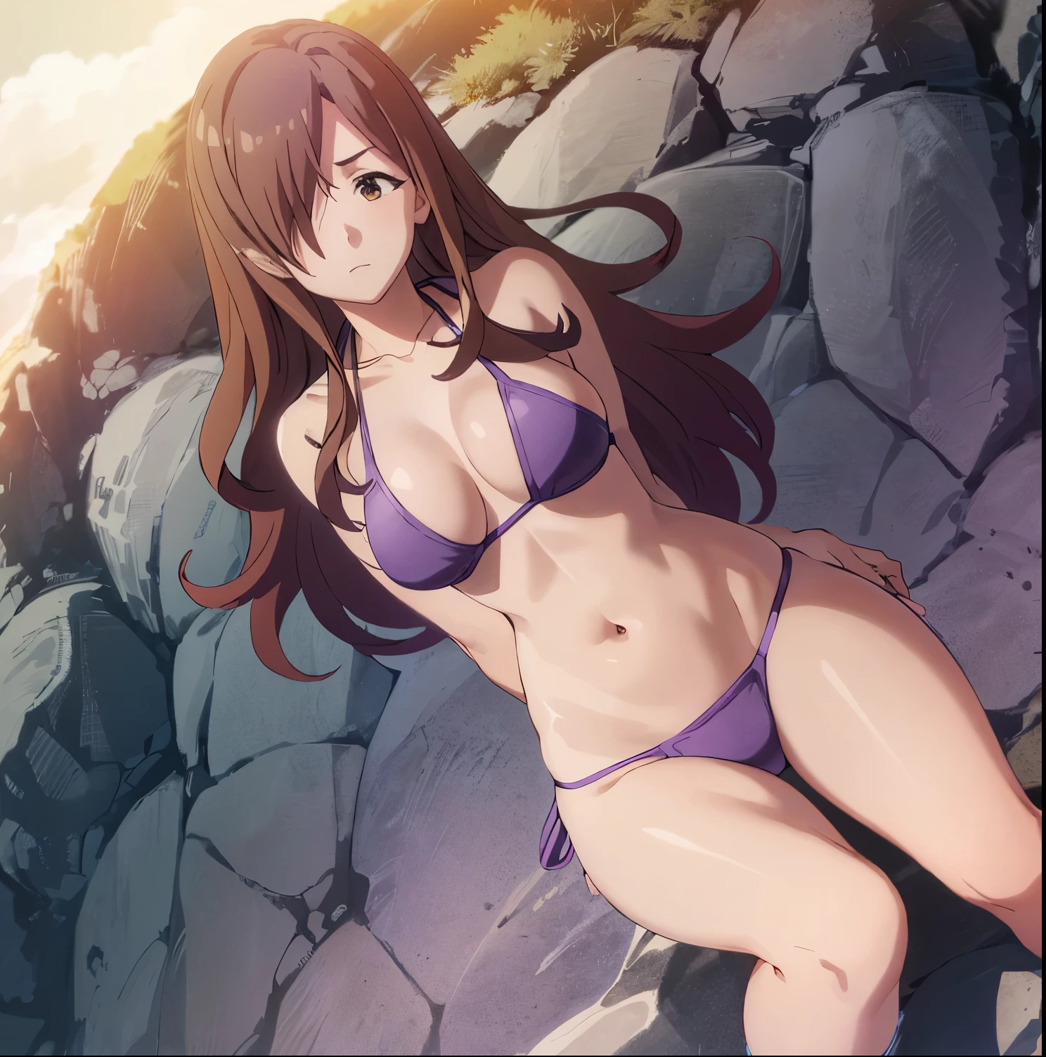 1 girl, solo, Wiz, masterpiece, best quality, anime coloring, hair over one eye, (purple bikini: 1.4), purple bra, purple thong, sea, beach, sunny, good lighting, clouds, sitting on the sand, open legs, frown, arms crossed, blue sky, autumn, large breasts, medium waist, wide hips, medium thighs, round butt, facing viewer, frontal, point of view (from below), perfect hands, perfect anatomy