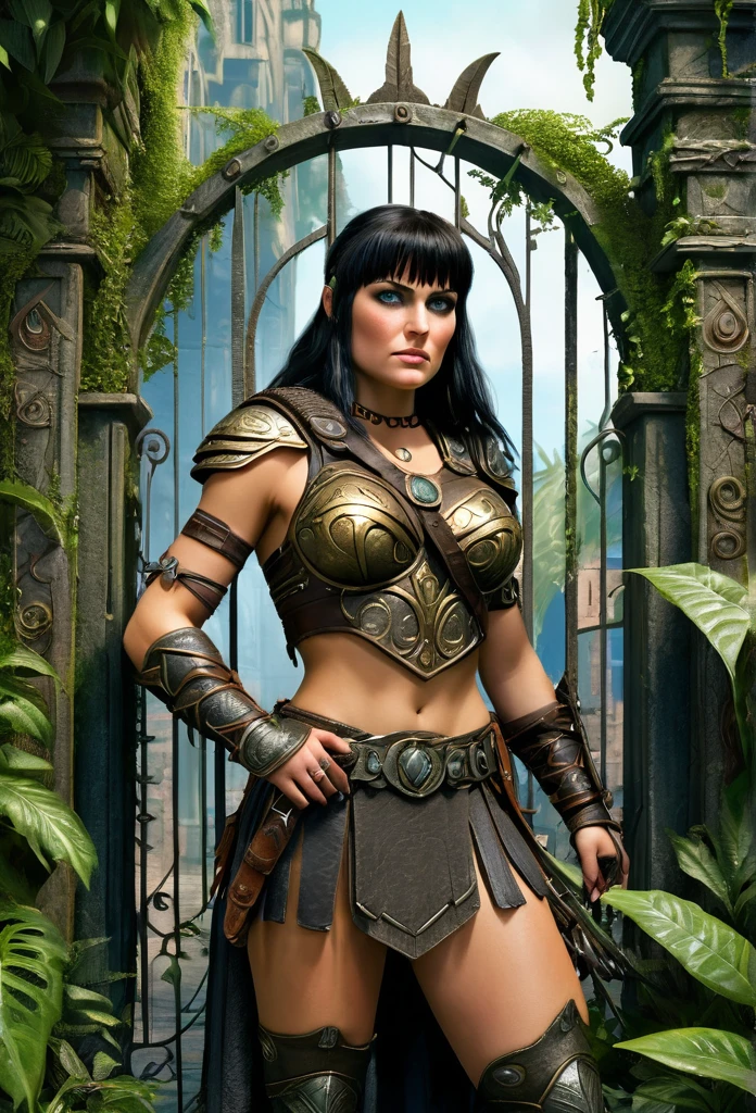 a portrait picture of Xena the Amazon Warrior at the Gate of an ancient and weathered Metropolis City with overgrown plants in the streets, Insanely detailed Scene, realistic, Don Lawrence Style, Octane render