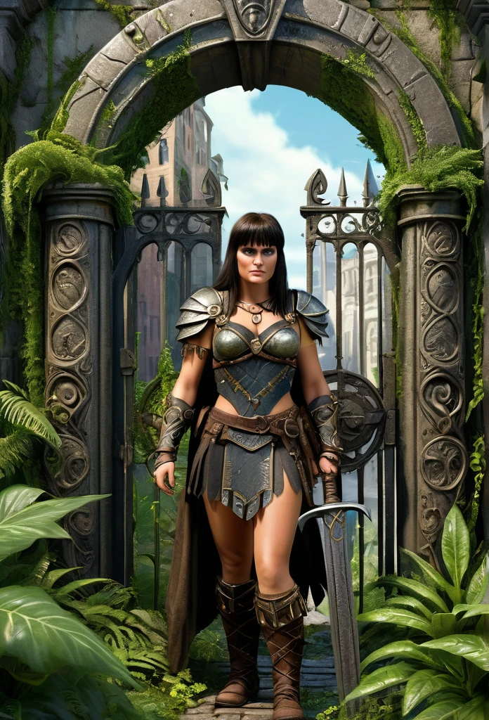 a portrait picture of Xena the Amazon Warrior at the Gate of an ancient and weathered Metropolis City with overgrown plants in the streets, Insanely detailed Scene, realistic, Don Lawrence Style, Octane render