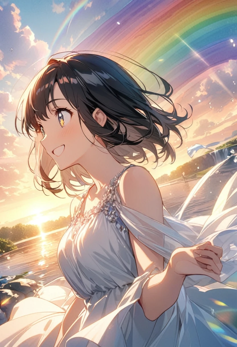anime、beautiful girl、10 talents、Black Hair、A face that retains its youthfulness、short hair、Her hair is cut short, just short of her shoulders、Bright eyes、Sparkling eyes、A cheerful smile、Gazing into the distance、profile、dancing、Clothes:Bright dress、Clear water flows like a waterfall、sunrise、rainbow、Fantastic World