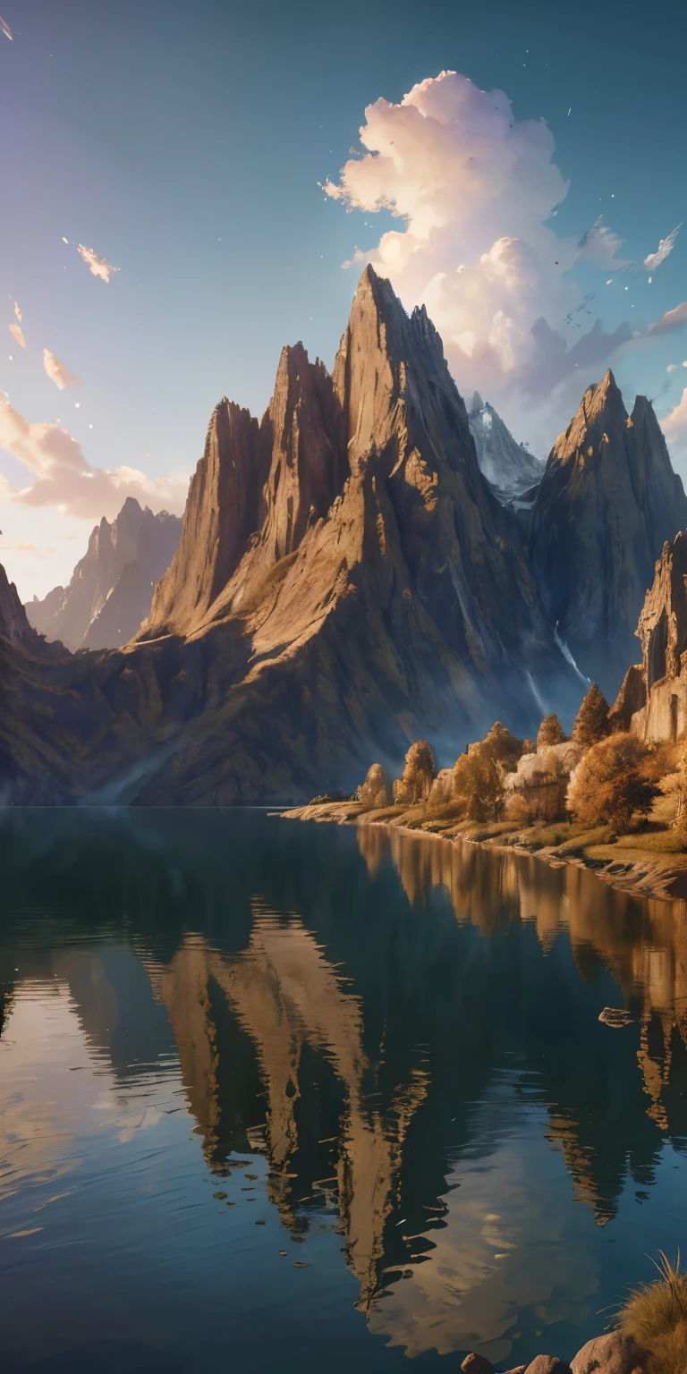masterpiece, Best quality, high quality, Extremely detailed CG unity 8k wallpaper, landscape, outdoor, sky, Cloud, sky, non-human, mountain, scenery, water, tree, blue sky, aguafall, cliff, nature, lake, river, Nubey skies, award winning photography, bokeh, depth of field, HDR, bloom, chromatic aberration, photorealism, Highly detailed, trending on artstation, trending on cgsociety, intricate, High detail, Dramatic, midway art