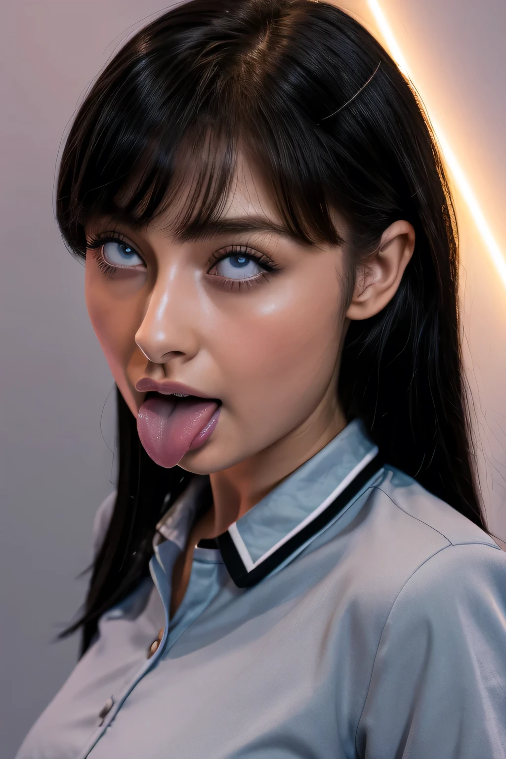 ,1 girl、Taylor Hill、1 girl、超High resolution, retina, Accurate, masterpiece, Anatomically correct, Super Detail, Textured skin, Attention to detail, high quality, High resolution, 8k、、Big double eyes、nose、The focus is on the mouth、close-up focus on face、Woman with open mouth and closed eyes、18-year-old、Black Hair、tongue out, tongue, traces of saliva, Drooling, Ahegao, long tongue, Verbal invitation, Pulling the hair back, Gray background,Half Backlight,Pilot uniform,