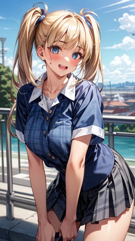 (masterpiece:1.3, highest quality, Ultra-high resolution, Very detailed), (Realistic:1.1, photoRealistic:1.4), Beautiful illustrations, Perfect lighting, colorful, Written boundary depth, 
Beautiful detailsまでこだわった髪, Beautifully detailed face, Beautiful details, Beautiful clavicle, Beautiful body, Beautiful breasts, Beautiful thighs, Beautiful legs, Beautiful fingers, 
View your audience, 1 girl, Japanese, high school girl, Perfect Face, (Perfect ???????, Anatomically correct), Cute and symmetrical face, Baby Face, Sunburn, Shiny skin, 
(Middle Hair:1.5, Twin tails:1.2, blonde), Asymmetrical bangs, blue eyes, Long eyelashes, (Medium Chest), thin, 
((Collared short-sleeved shirt, Light blue shirt, , Grey plaid pleated skirt, To the Navy)), No pants, 
(Beautiful views), evening, (Outdoor, distant cityscape), Are standing, (peace sign), (Cute Smile, Blushing、Upward glance, Open your mouth), (Perverted old man opens up girl&#39;Cat:1.3),