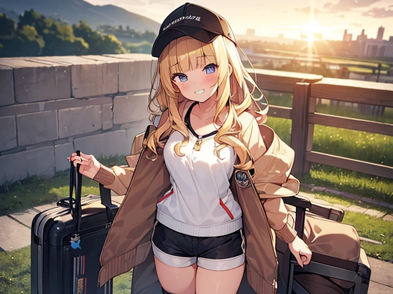 Masterpiece, Top quality, 1 beautiful girl, Blonde, medium Hair, wavy Hair, blunt bangs, silky hair, , standard weight, medium breasts, (cool jacket, Shorts :1.3), cap, grin, happy, blush, beautiful scene of park, blurry background, magnificent panorama view, sunset, close up of face