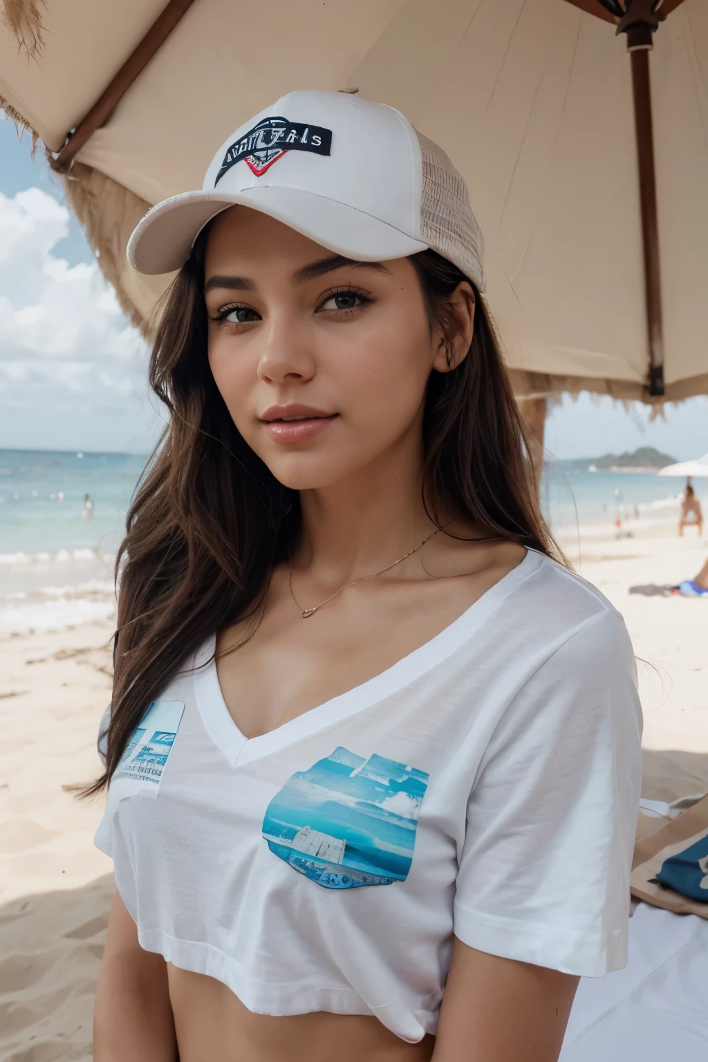 Christen Harper con una hermosa cara madura, cabello recogido, cejas grandes y tatuadas, con senos extra grandes. Mirando directamente al espectador, brunette, Representado de manera realista, wearing a blue baseball cap and white t-shirt that complements his hair color, mostrando sus hombros y cuello, voluptuosa, con un bronceado acentuado y joyas elegantes, lipstick staining her lips, nariz definida, sonriendo en la playa de Galapagos