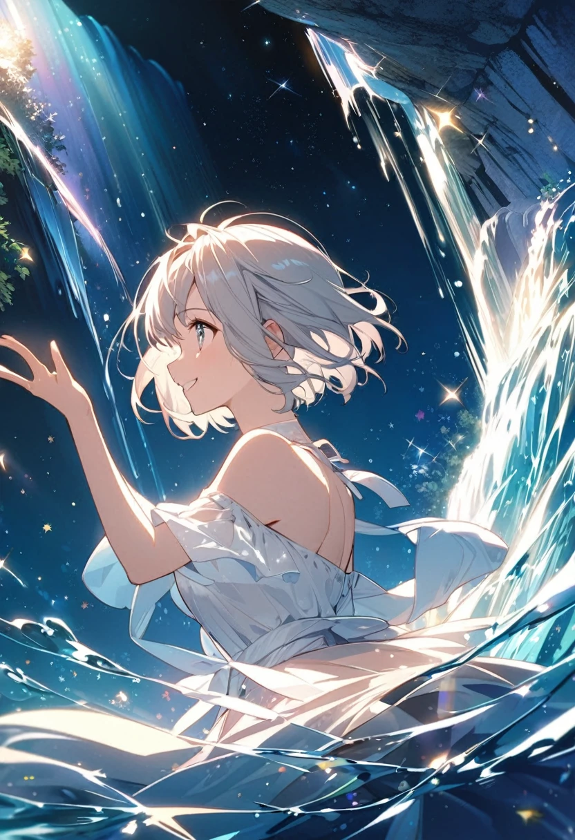 anime、beautiful girl、10 talents、A face that retains its youthfulness、short hair、Her hair is cut short, just short of her shoulders、Bright eyes、Sparkling eyes、A cheerful smile、Gazing into the distance、profile、dancing、Clear water flows like a waterfall、Fantastic World、night、Starry Sky