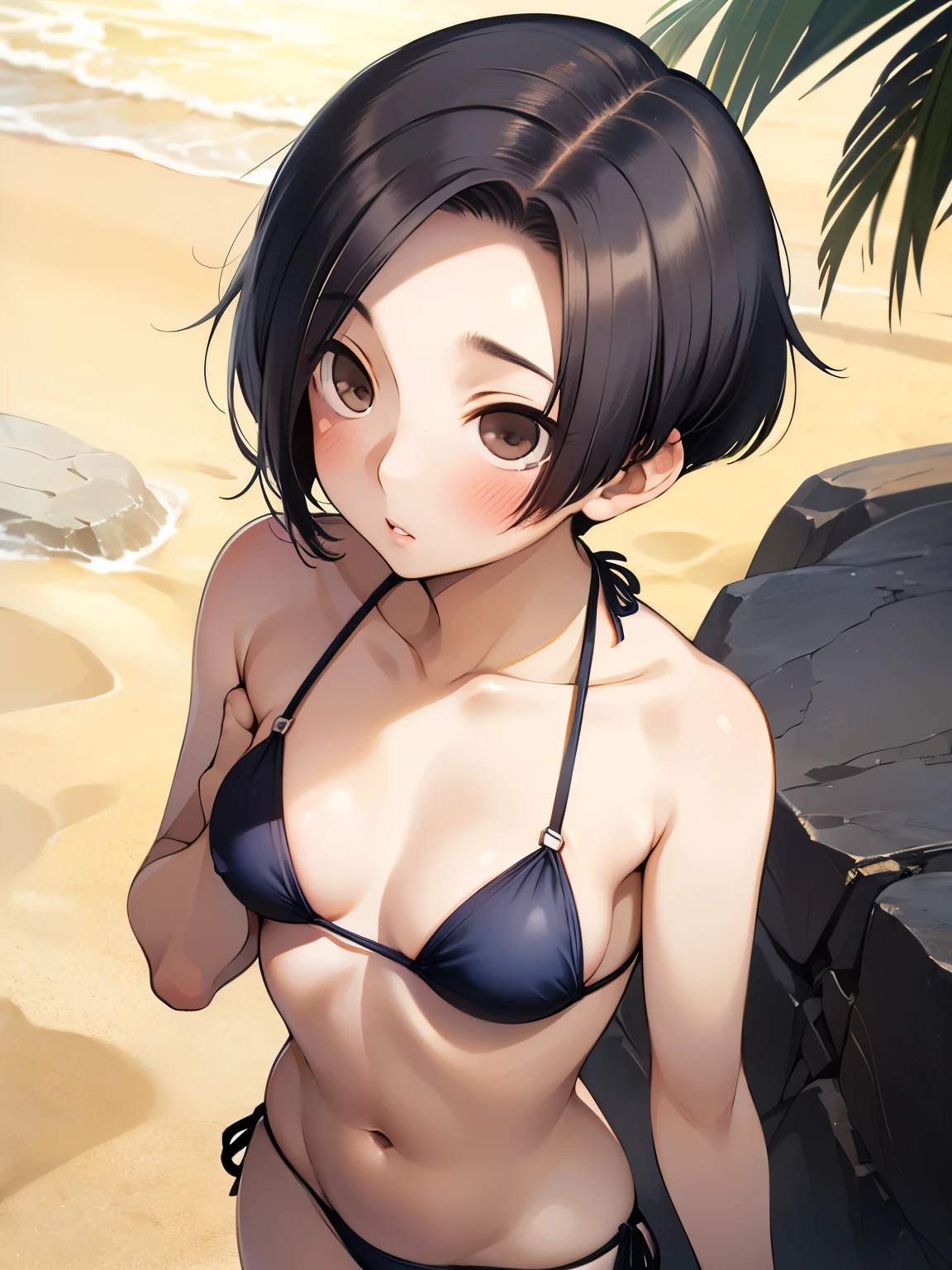 NSFW,Aarinko、short hair、Black Hair、Bobcut、(Halterneck bikini:1.5),Embarrassed,blush,(Perfect hands),(Perfect Anatomy),(masterpiece),(highest quality),Looking up,Lonely look,beach,Palm tree,Rock Shade