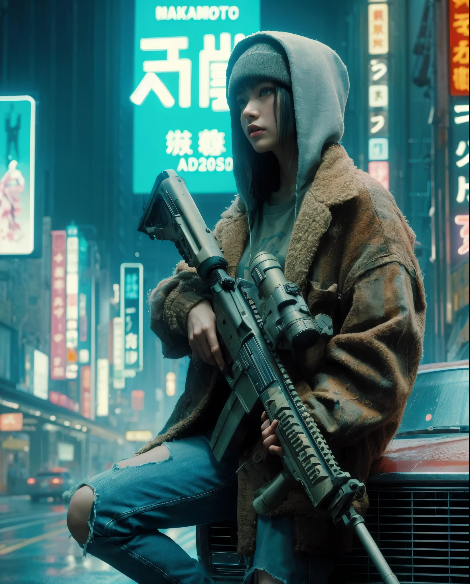 ８ｋ,Realistic Skin Texture、Realistic Photo、Neo Tokyo、Japanese women、Near future、ＡＤ2050、Dirty hunting jacket、Wearing multiple shirts and hoodies、Used automatic rifle、sneakers、Knit cap、、cold、Dynamic pose、Innovative composition、revenge、Near futureの街に不釣り合いな古びた1966年製フォード・ブロンコ、cyber punk、blade runner worldview、Large neon sign、Geisha hologram sign、Strong Wakamoto Sign