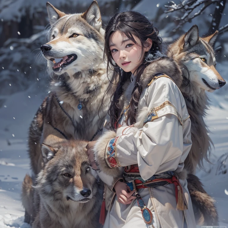 Hiding in the snowy mountains、Hair flow、 ((highest quality、masterpiece、8k、Best image quality、Ultra-high resolution、Award-winning works)、(Accurate anatomy:1.1)、(Look at me and smile:1.1)、Shining fair skin with Ultra-high resolution、The most detailed face、Ultra-high resolution detailed face、Ultra-high resolutionの髪の毛、(Ultra-high resolutionの煌めく瞳:1.1)、Beautiful face drawn in every detail、(Blurred Background:1.1)、Ancient Inuit clothing, Chest to chest, tattoo, Old ruins in the background、Aside from real wolves