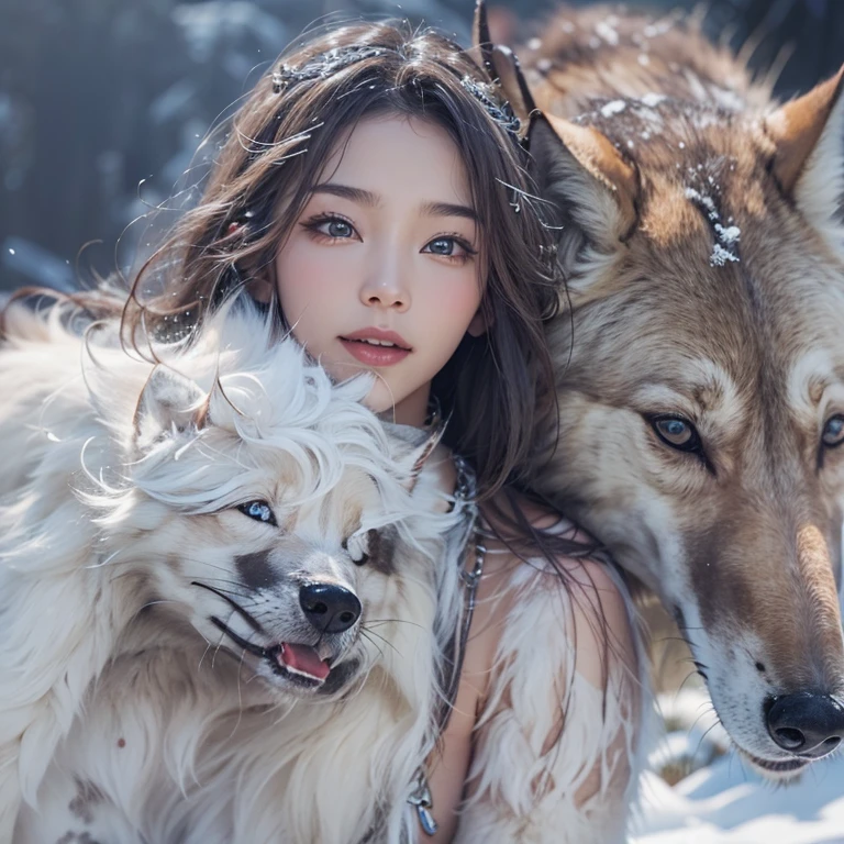Hiding in the snowy mountains、Hair flow、 ((highest quality、masterpiece、8k、Best image quality、Ultra-high resolution、Award-winning works)、(Accurate anatomy:1.1)、(Look at me and smile:1.1)、Shining fair skin with Ultra-high resolution、The most detailed face、Ultra-high resolution detailed face、Ultra-high resolutionの髪の毛、(Ultra-high resolutionの煌めく瞳:1.1)、Beautiful face drawn in every detail、(Blurred Background:1.1)、Ancient Inuit clothing, Chest to chest, tattoo, Old ruins in the background、Aside from real wolves