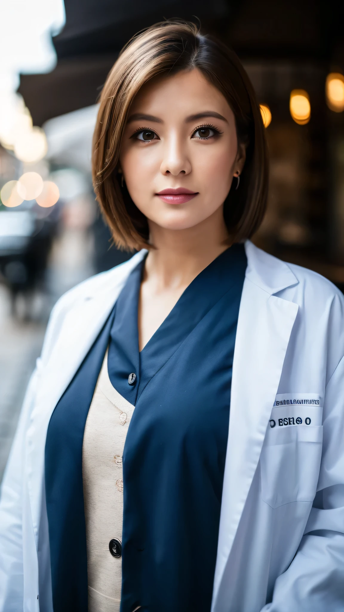 tmasterpiece,best quality,HDR, hiper HD, 8k,Bokeh,pintura ultrafina,sharp focus,rendering physically based,extreme detail description,Retratos,Close-up,1Woman dressed as a doctor.cabelo curto e detalhado,Sexy criado, Outside the café, kinematic lighting,dramatic lighting,(EOS R8, 50 millimeters, F1.2, 8k, foto raw:1.2)