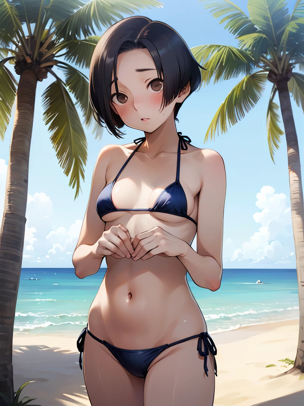 NSFW,Aarinko、short hair、Black Hair、Bobcut、(Halterneck bikini:1.5),Embarrassed,blush,(Perfect hands),(Perfect Anatomy),(masterpiece),(highest quality),Looking up,Lonely look,beach,Palm tree,Rock Shade