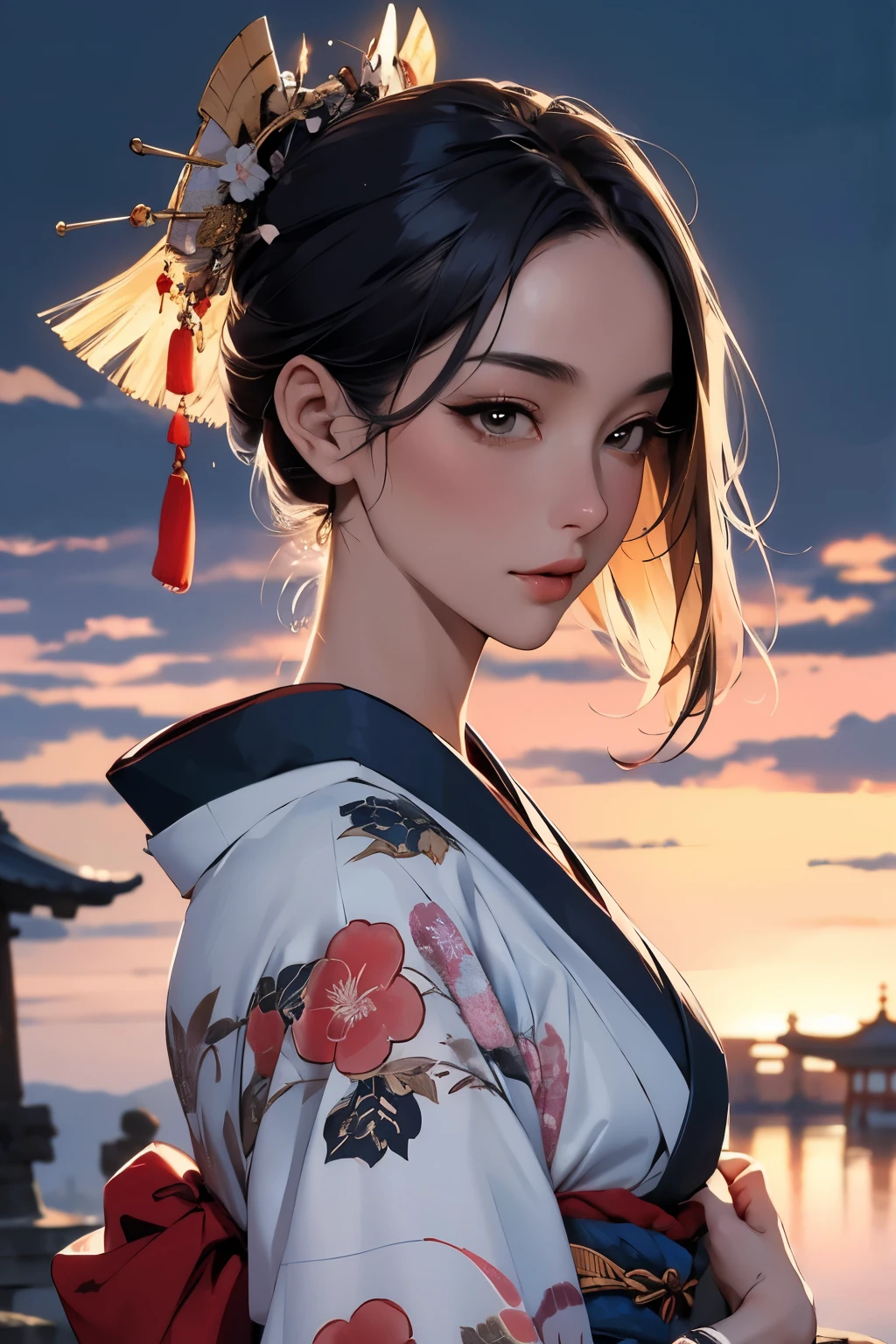 ((highest quality)), ((masterpiece)), (be familiar with), perfect face,silky skin texture,Beauty,fantasy,Japan,Beauty in the background of the ancient city,kimono