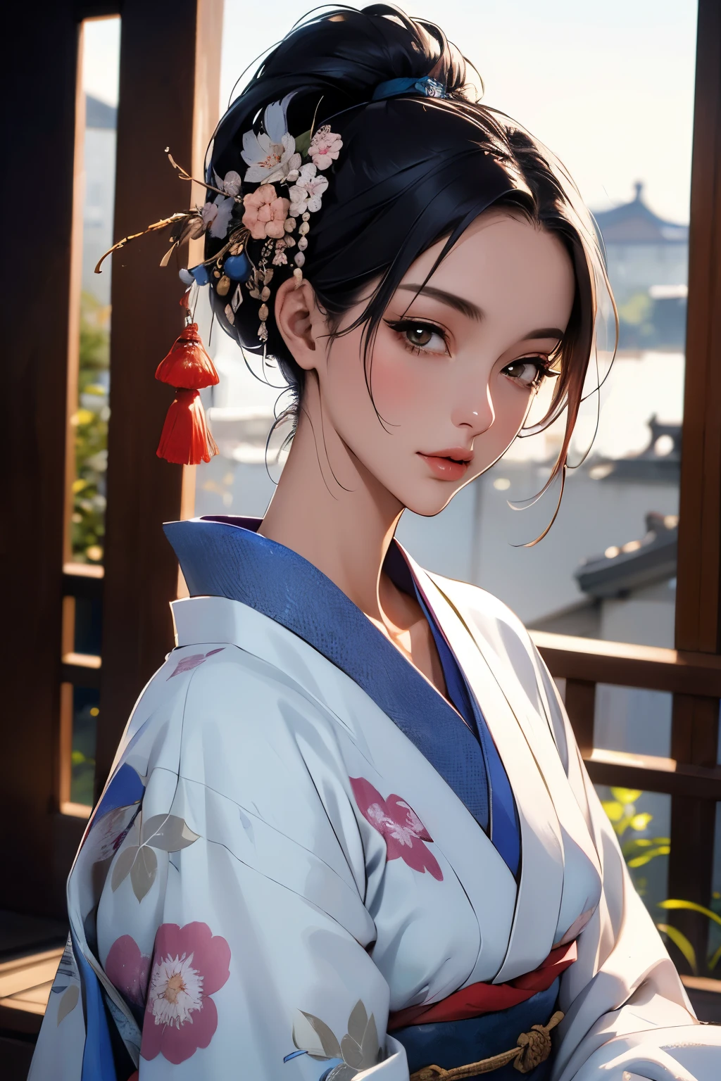 ((highest quality)), ((masterpiece)), (be familiar with), perfect face,silky skin texture,Beauty,fantasy,Japan,Beauty in the background of the ancient city,kimono

