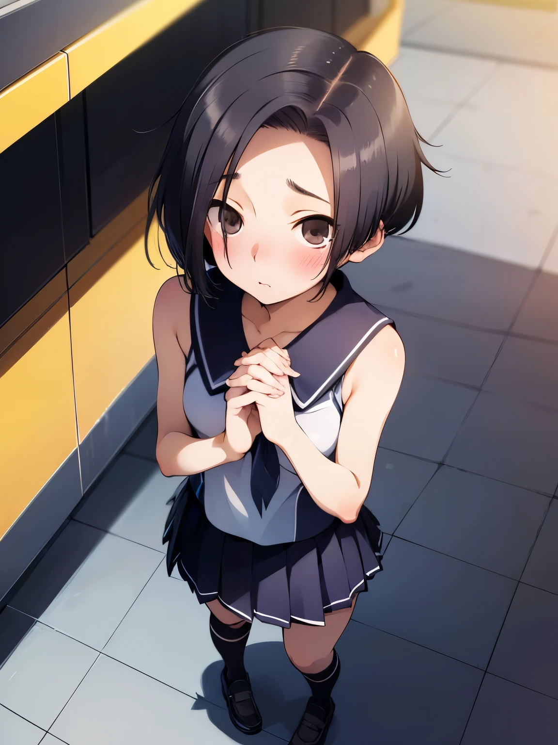 NSFW,Aarinko、short hair、Black Hair、Bobcut,cropped,Sleeveless,Micro Mini Skirt,Knee-high socks,Embarrassed,blush,(Perfect hands),(Perfect Anatomy),(masterpiece),(highest quality),Looking up,Lonely look,Shopping mall,looking at the camera,Look Up