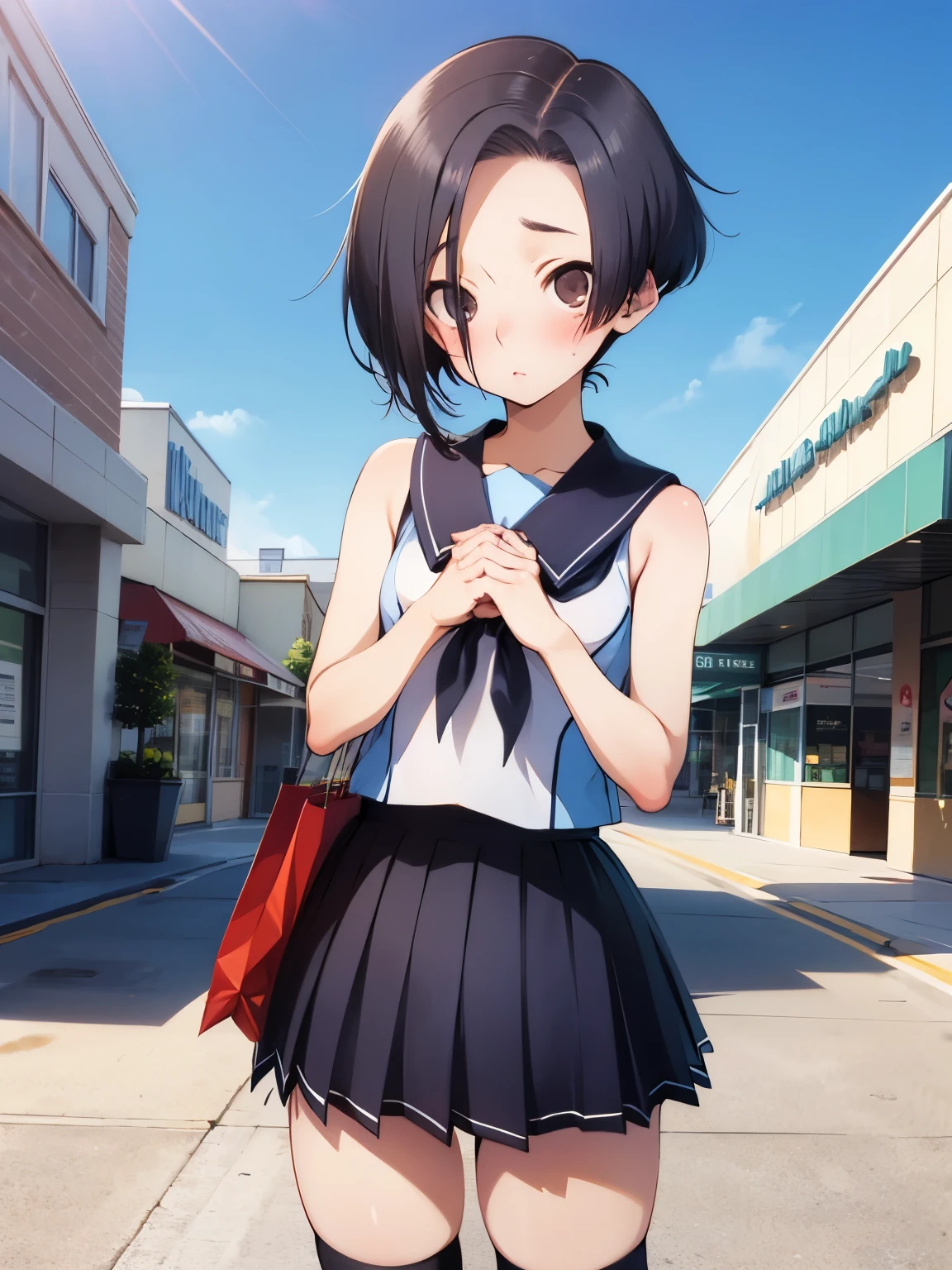 NSFW,Aarinko、short hair、Black Hair、Bobcut,cropped,Sleeveless,Micro Mini Skirt,Knee-high socks,Embarrassed,blush,(Perfect hands),(Perfect Anatomy),(masterpiece),(highest quality),Looking up,Lonely look,Shopping mall,looking at the camera,Look Up