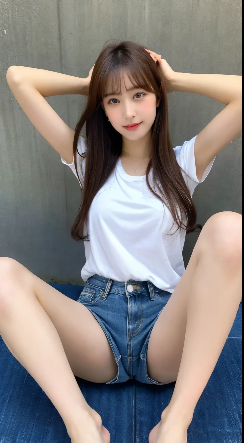 Japanese Beauty、Brown Hair、Denim shorts、WhiteＴshirt、Leg spread、Wide-open legs、Spread your legs
