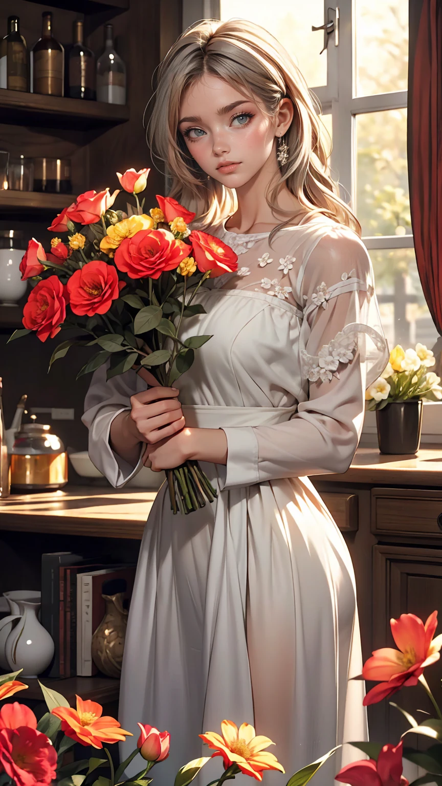 masterpiece, highest quality, One girl, Gray Hair, smile, View your viewers, Adult, Fully mature, Holding flowers