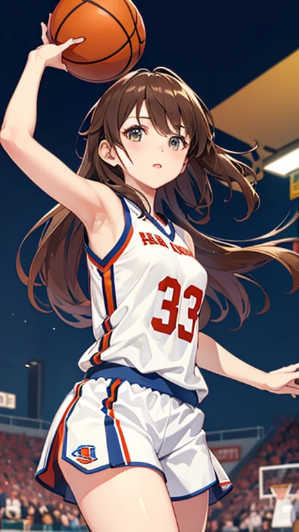 Beautiful girl playing basketball、Basketball Uniforms、Shortaking shoots、The wind lifts the uniform