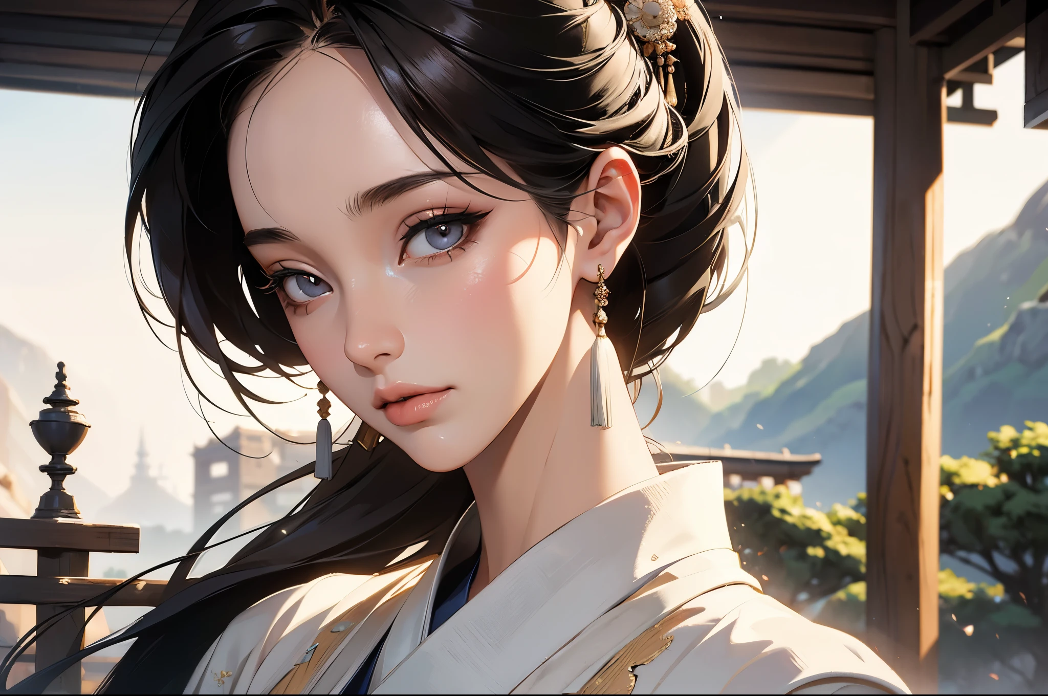 ((highest quality)), ((masterpiece)), (be familiar with), perfect face,fine skin texture,Beauty,fantasy,Japan,Beauty in the background of the ancient city,kimono,Octane render