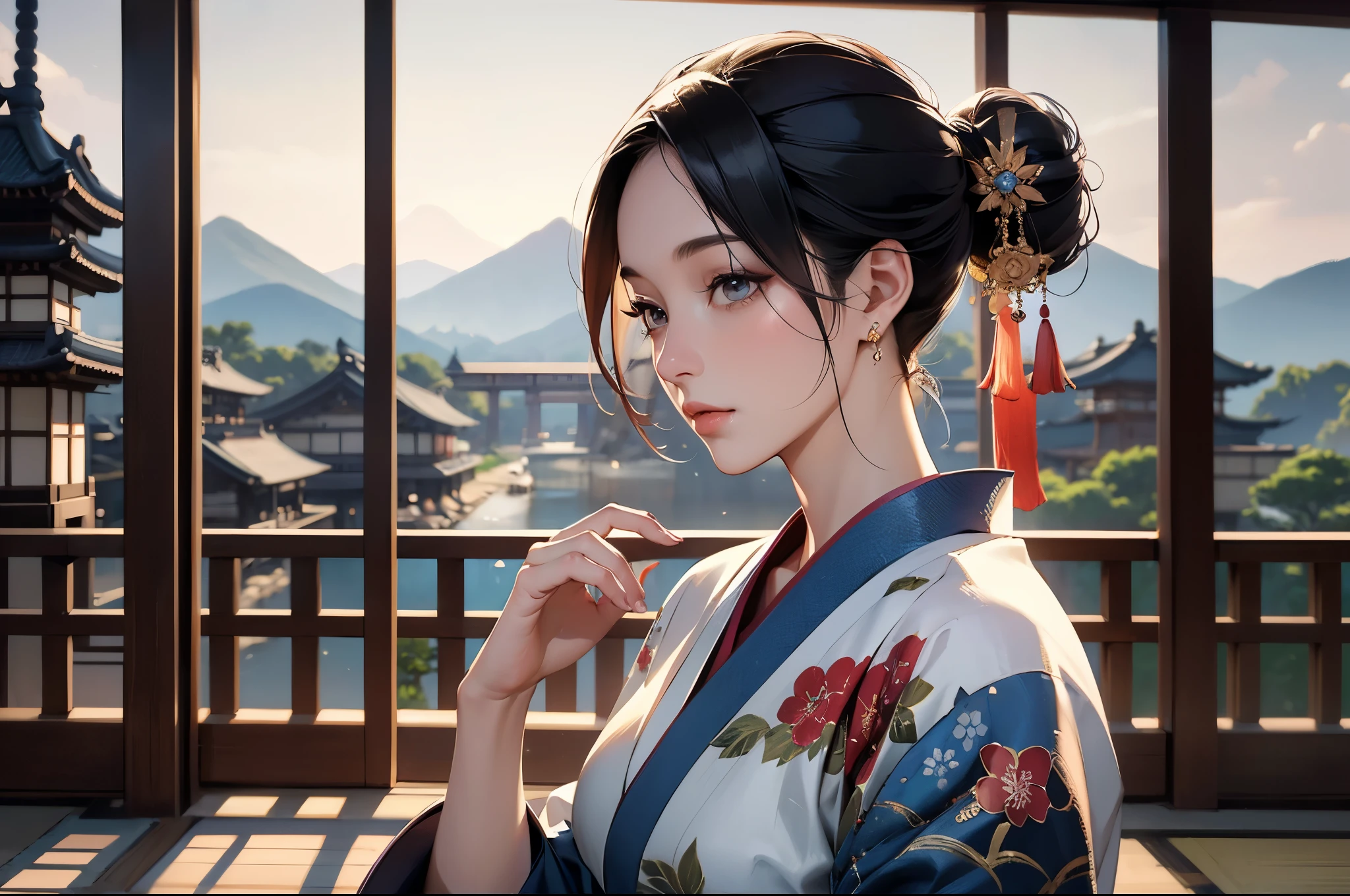 ((highest quality)), ((masterpiece)), (be familiar with), perfect face,fine skin texture,Beauty,fantasy,Japan,Beauty in the background of the ancient city,kimono,Octane render