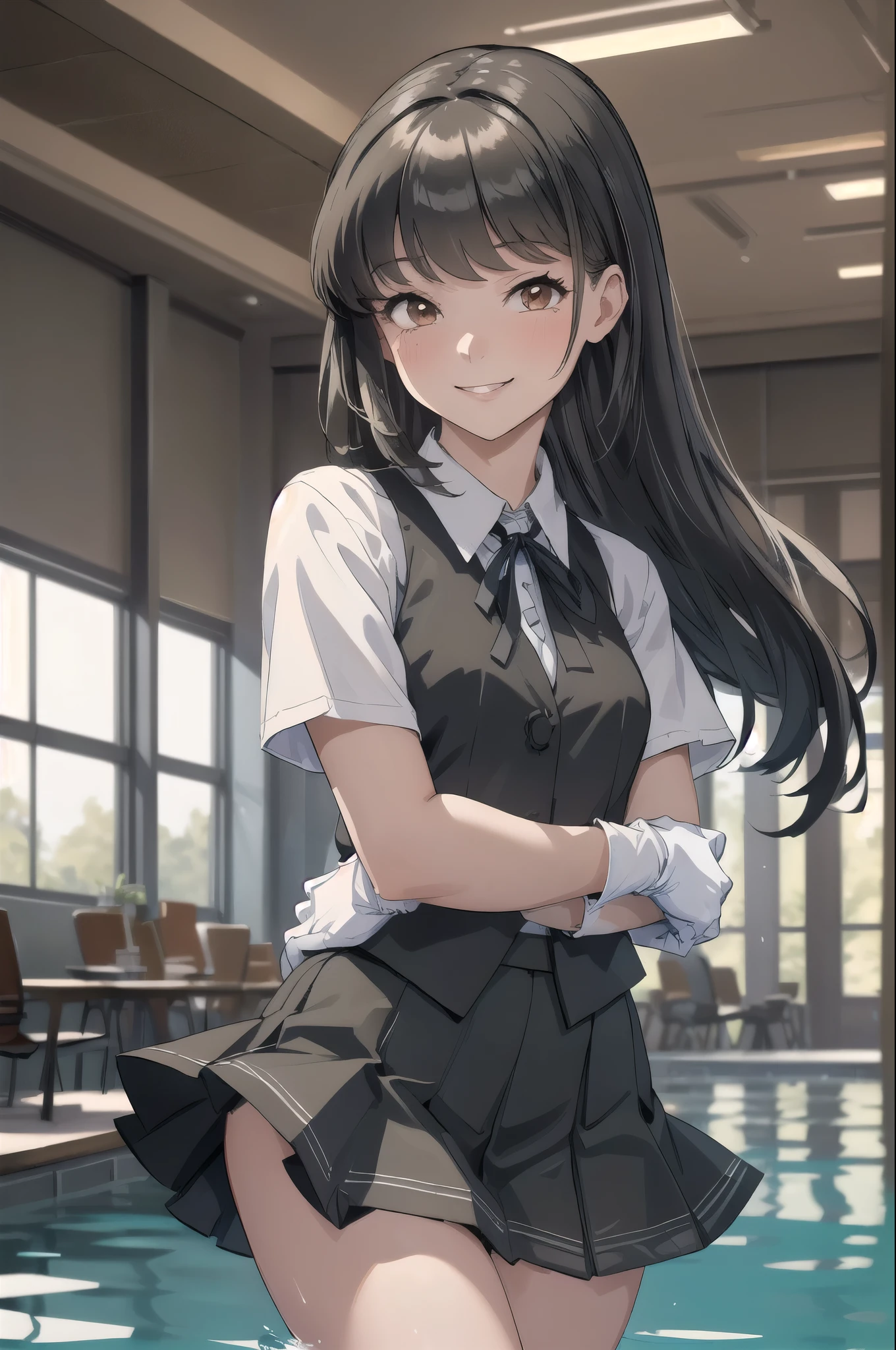 (masterpiece, highest quality:1.2), Cowboy Shot, alone, One Girl, Hayashio, smile, View your audience, Place your arms behind your back, Water Play, White shirt, Neck ribbon, Short sleeve, Black vest, Black Skirt, White gloves, (indoor, office, living room), 