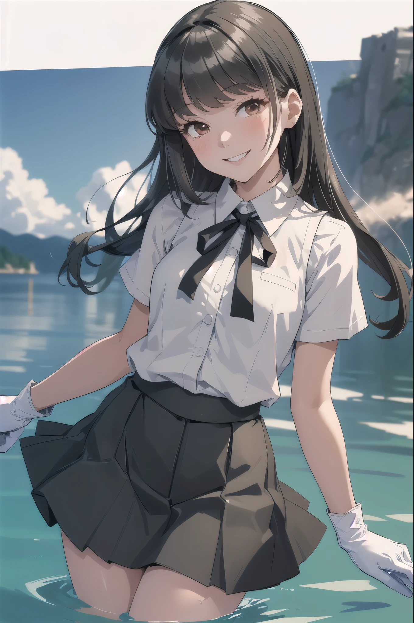 (masterpiece, highest quality:1.2), Cowboy Shot, alone, One Girl, Hayashio, smile, View your audience, Place your arms behind your back, Water Play, White shirt, Neck ribbon, Short sleeve, Black vest, Black Skirt, White gloves