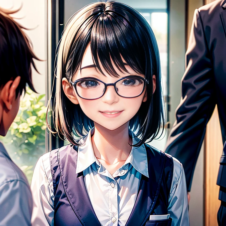 A smile full of happiness、Breathless face、Japanese High School Girl、Just arrived at the meeting、Checked ailor suit、sweating、Excited facial expression、short hair、Glasses