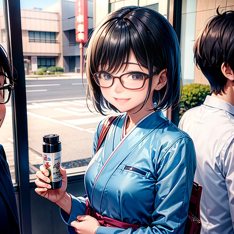 A smile full of happiness、Breathless face、Japanese High School Girl、Just arrived at the meeting、Checked ailor suit、sweating、Excited facial expression、short hair、Glasses