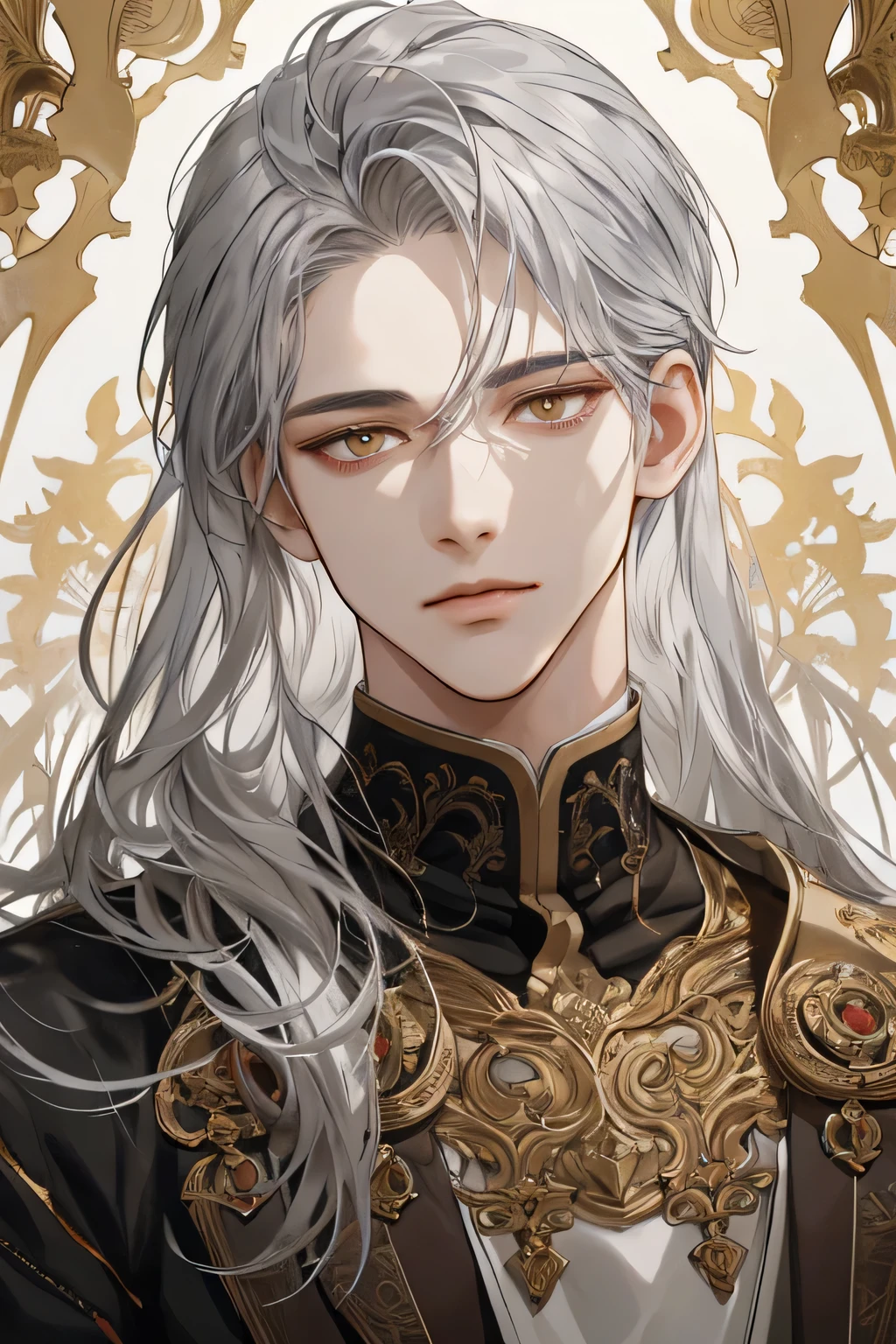 (extreamly delicate and beautiful:1.2), 8K,(masterpiece:1.0),(best_quality:1.0), 1 boy, manly, elegant, very tall and intricate detailing, Enlarged textures, and intricate detailing, finely eye and detailed face, and intricate detailing, shiraga, long hair silver, (closed mouths), Perfect eyes, Equal eyes, golden eyes (A male god)